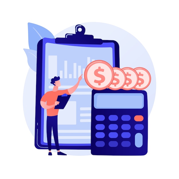 Free vector balance sheet cartoon web icon. accounting process, finance analyst, calculating tools. financial consulting idea. bookkeeping service.