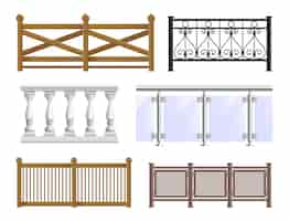 Бесплатное векторное изображение Балконный забор реалистичный набор в классическом современном и декоративном кованом стилях изолированная векторная иллюстрация