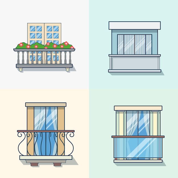 Free vector balcony linear outline architecture building element set. linear stroke outline flat style  icons. color icon collection.