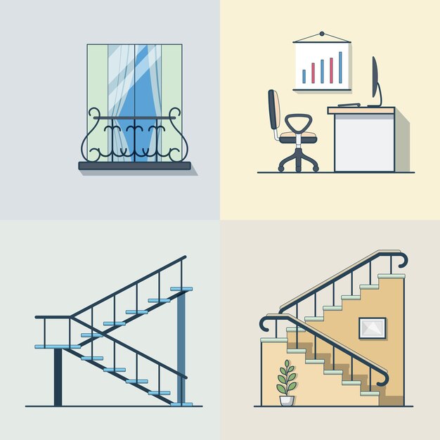 Balcony office workplace ladder linear outline architecture building element set. Linear stroke outline flat style  icons. Color icon collection.