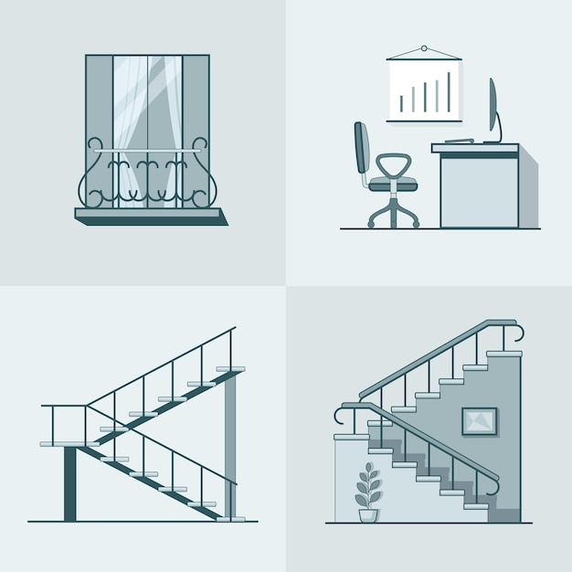 Бесплатное векторное изображение Балкон офисное рабочее место лестница линейный контур архитектуры здания элемент набора.