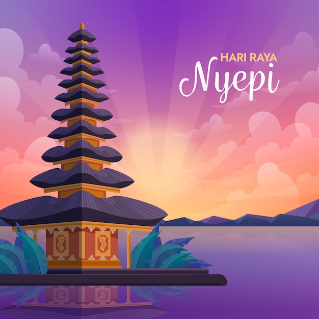 Illustrazione del giorno del silenzio di bali con il tempio