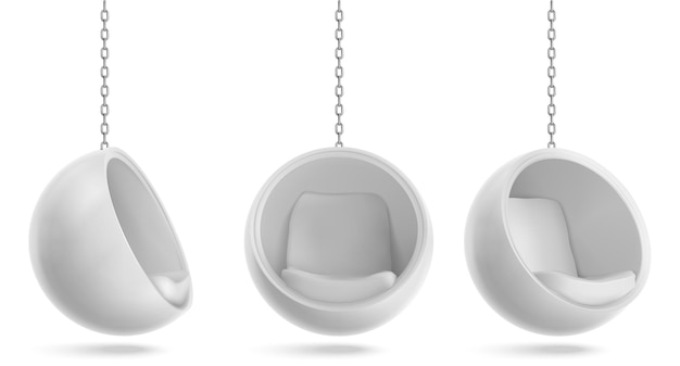 Free vector ball chair, round armchair hang on chain front and side view.