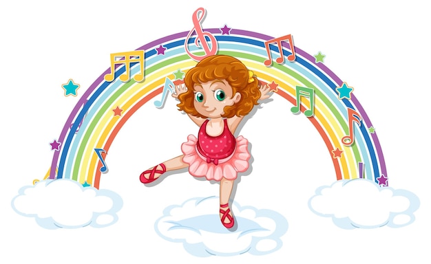 Ballerina che balla sulla nuvola con i simboli della melodia sull'arcobaleno