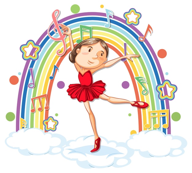 Ballerina che balla sulla nuvola con i simboli della melodia sull'arcobaleno