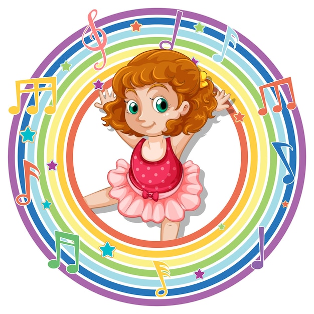 Ballerina in rainbow round frame with melody symbols