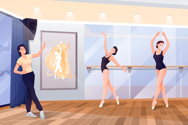 Free vector ballerinas dancing with trainer in studio at class beautiful women in different poses at handrail during lesson