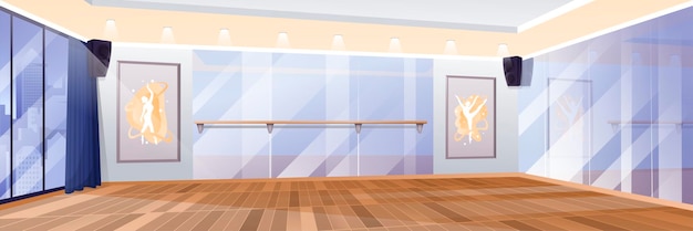 Ballet studio interior design background room in dancing school for lessons with handrail wooden floor mirror posters with ballerinas window