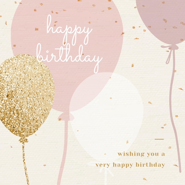 Free vector balloon birthday greeting template in pink and gold tone