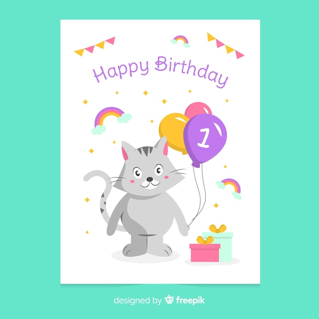 Balloons cat first birthday card template