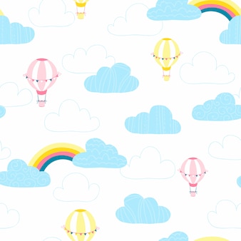 Balloons in the clouds. baby vector seamless pattern in simple hand-drawing style.