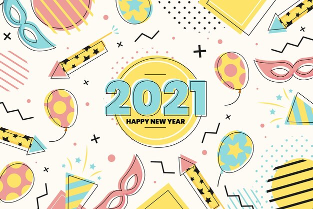 風船とパーティーアクセサリーフラットデザイン明けましておめでとうございます2021