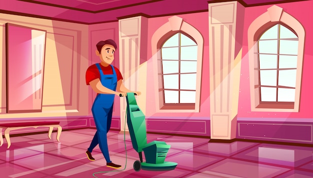 Free vector ballroom cleaning illustration of man polishing parquet tile floor in royal hall of medieval