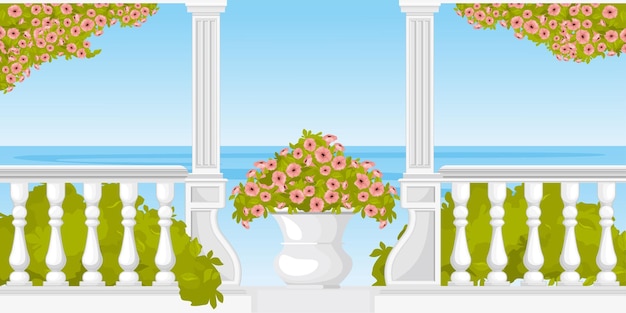 Vettore gratuito composizione del balcone della terrazza della colonna delle balaustre con la vista all'aperto della costa di mare con l'illustrazione di vettore del vaso di fiore e dell'architettura