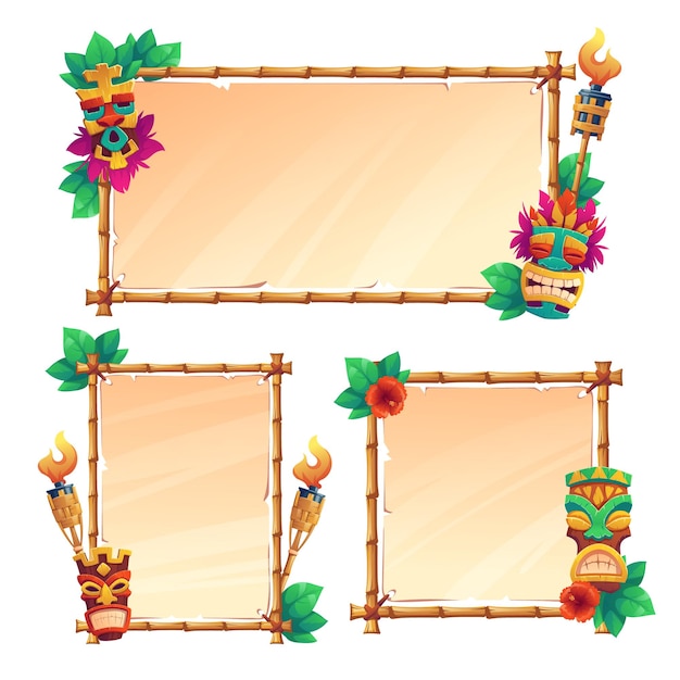 Free vector bamboo frames with tiki masks, old parchment and burning torches