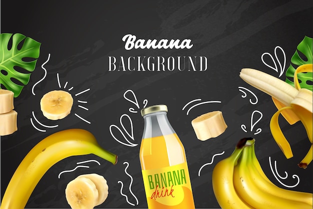 Banana colored illustration with chopped fruit and bottle with juice on chalkboard