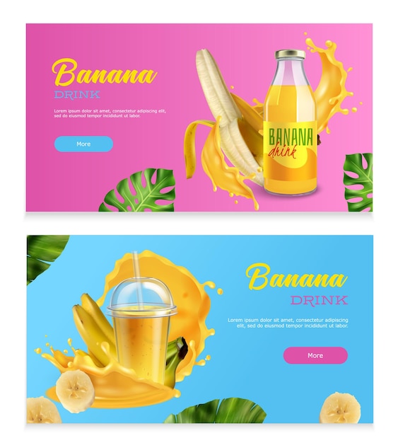Free vector banana drink horizontal banners with realistic fresh fruits splashes and juice in bottle