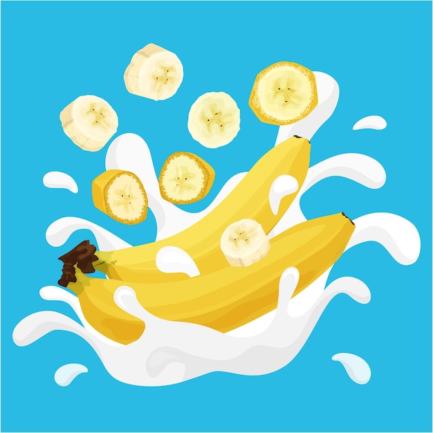 Banana flat set with banana fruits and slices falling into splash of white yoghurt with drops vector illustration