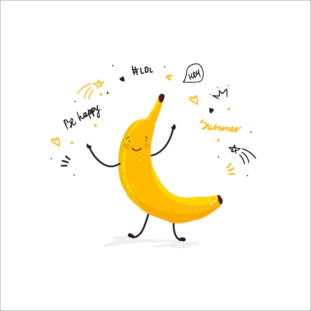 Free vector banana fruit cute cartoon doodle sketch illustration summer card