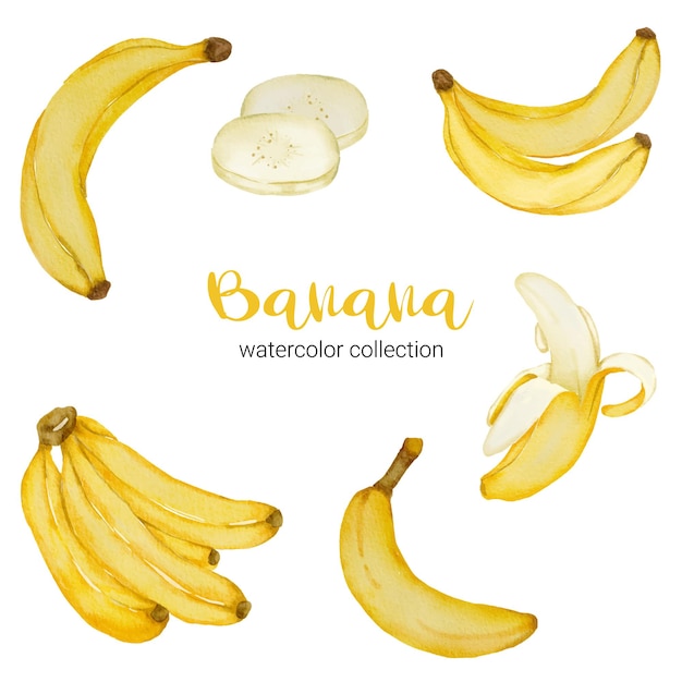 Банан в акварельной коллекции, полный фруктов, нарезанный на кусочки и лущить