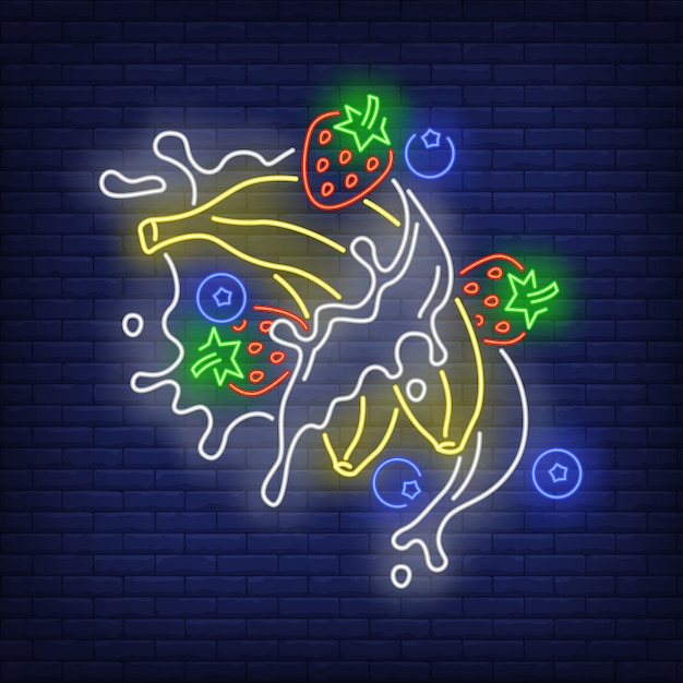 Бесплатное векторное изображение Бананы, клубника, черника и брызги неоновая вывеска