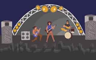 Бесплатное векторное изображение Группа, играющая на барабанах и гитарах на концерте рок-музыки на открытой сцене с силуэтами публики, плоской векторной иллюстрацией