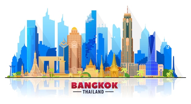 흰색 배경 벡터 일러스트 레이 션의 파노라마와 방콕 태국 스카이 라인 현대적인 건물 비즈니스 여행 및 관광 개념
