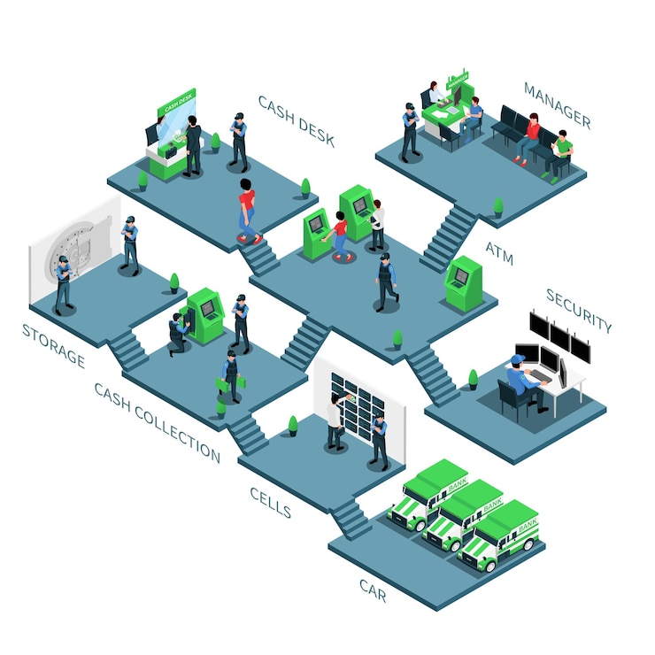 Free Vector bank branch rooms isometric composition with security cash desk storage cells client hall parts illustration