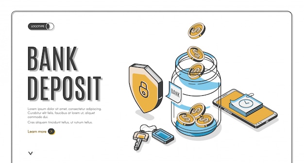 Free vector bank deposit isometric landing page, dollar coins falling to glass jar with shield, keys and mobile phone around, investment increase money saving business