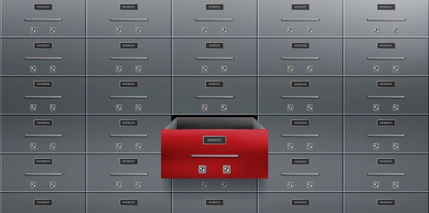 Bank deposit safe boxes wall one red opened locker