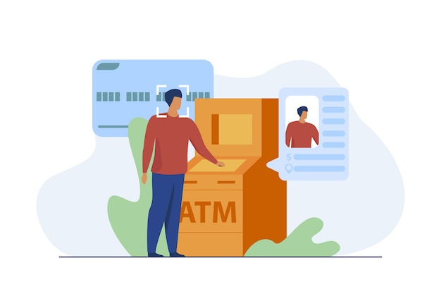 Bank face recognition technology. Man using ATM with face scanning flat vector illustration. Finance, safety, security, access