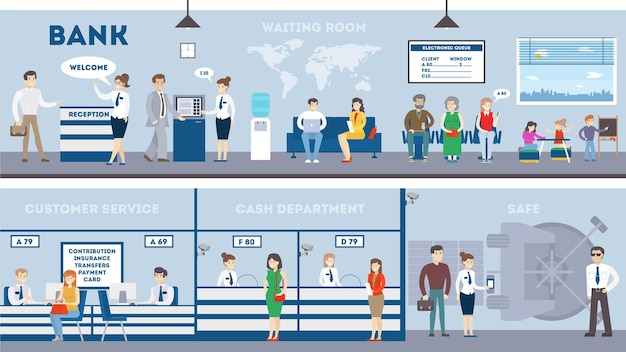 Free vector bank interior set with visitors and workers waiting room safe customer service and cash department