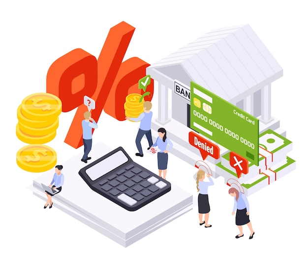 Bank loan isometric composition with bank building and calculator with coins and clerk characters