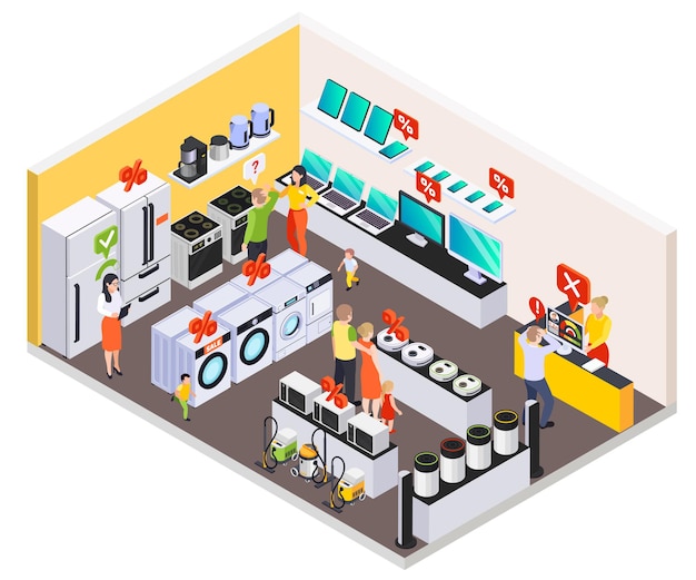 Free vector bank loan isometric composition with view of consumer electronics store and home appliances