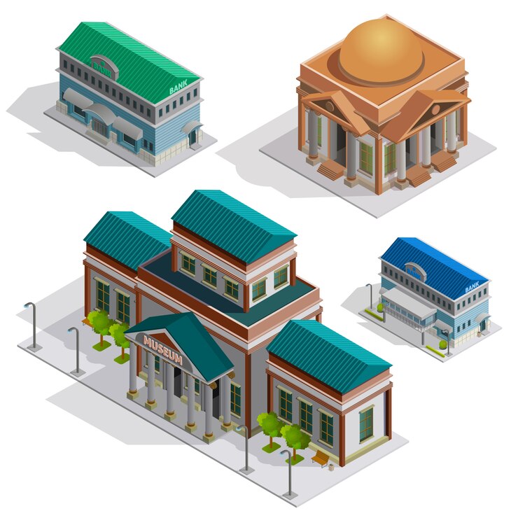 Free Vector bank and museum buildings isometric icons