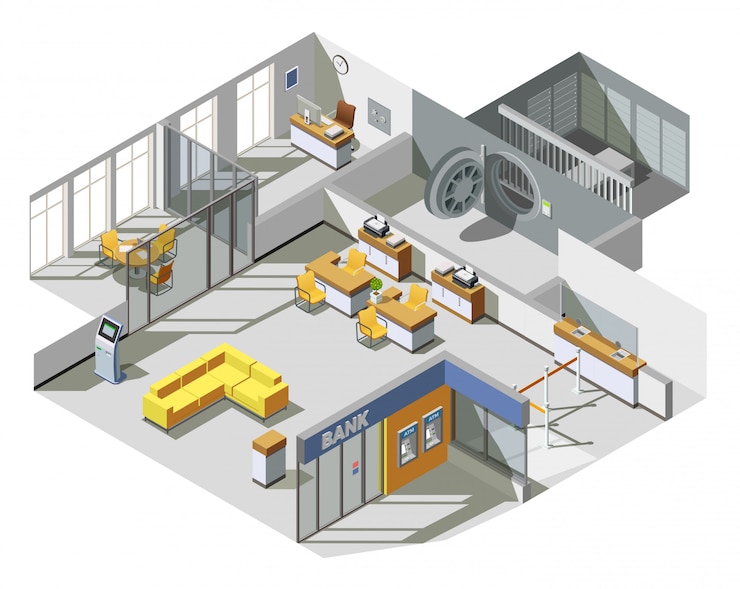 Free Vector bank office interior isometric composition