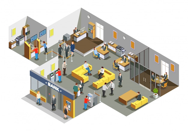 Bank office interior isometric composition