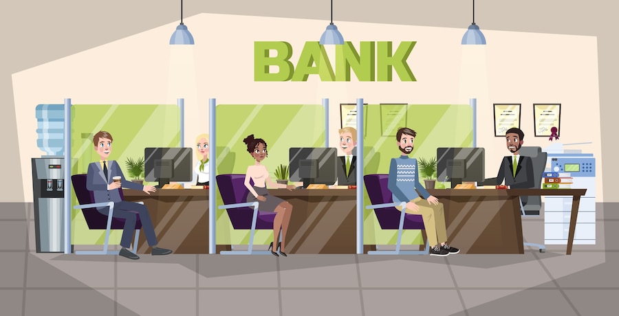  Bank office interior. people make financial operations Premium Vector