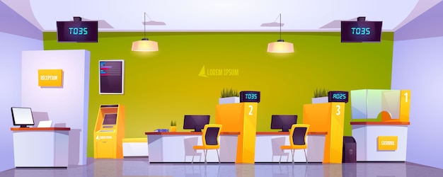 Free vector bank office interior with atm, cash box and tables
