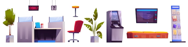 Free Vector bank office with customer service interior furniture and equipment cartoon vector illustration set of financial center elements manager desk atm and brochure rack plants and waiting bench