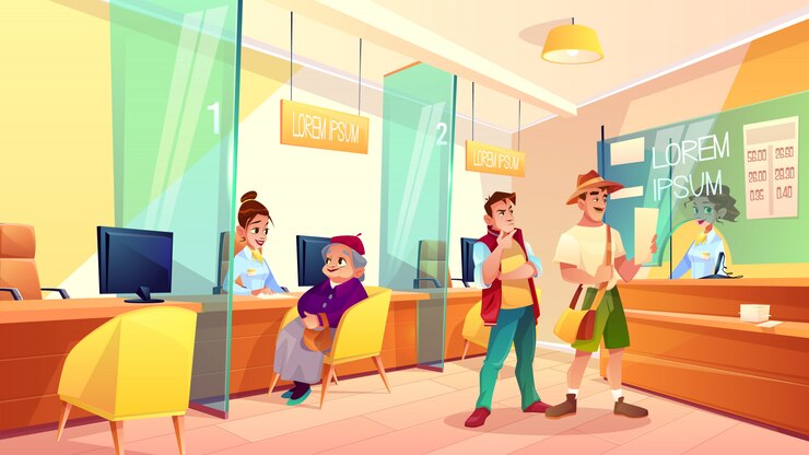 Free Vector bank reception area cartoon vector.