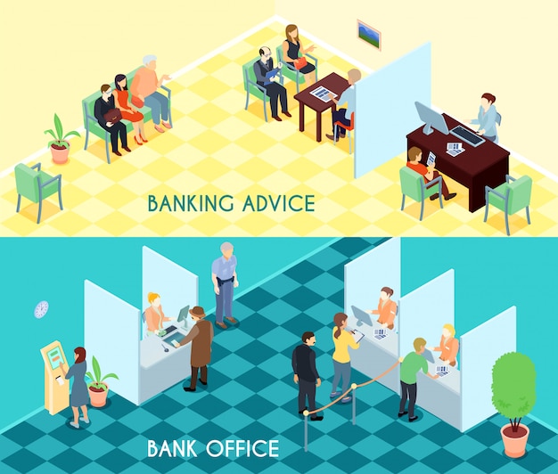 Bank service isometric banners