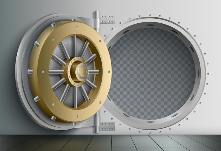 Free Vector bank vault realistic composition with view of safe storage entrance with massive circle shaped locking door