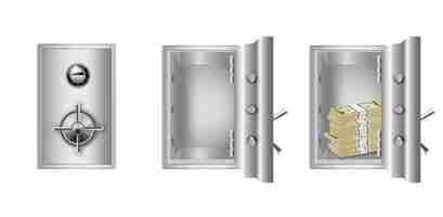 Free vector bank vault with open and closed doors realistic set of isolated safes with and without money vector illustration