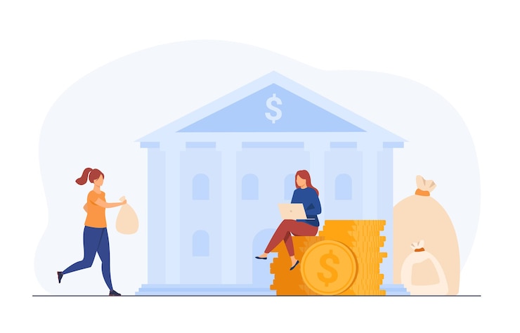 Free Vector banker taking clients money for saving. trader or broker with laptop working on cash. cartoon illustration