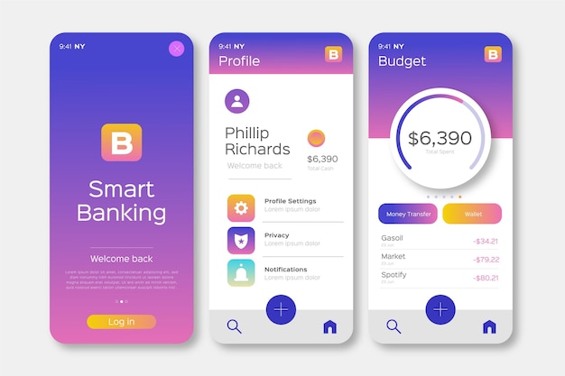 無料ベクター 銀行アプリのインターフェース設計