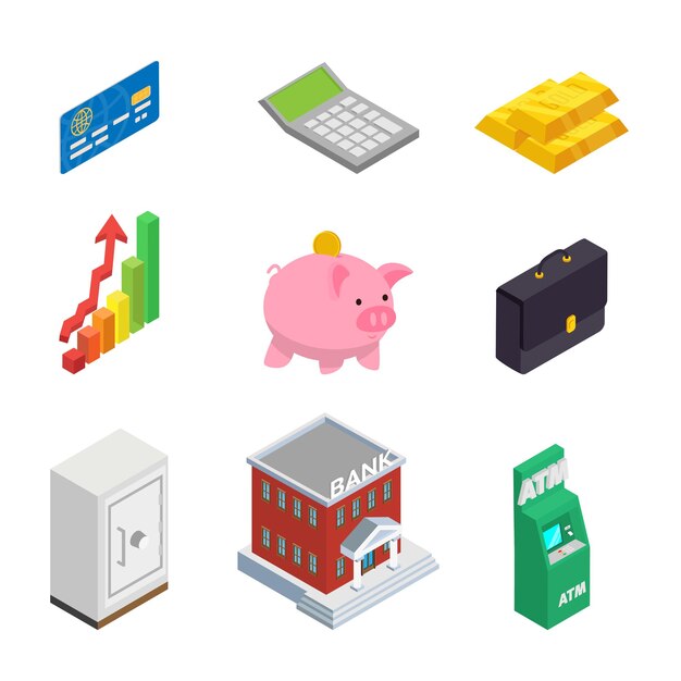 Banking and finance isometric illustrations set Money transaction and withdrawal ATM piggy bank isolated 3d cliparts pack