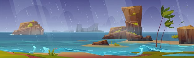 banner background with Tropical storm on ocean beach with palm trees bending and rocks around.