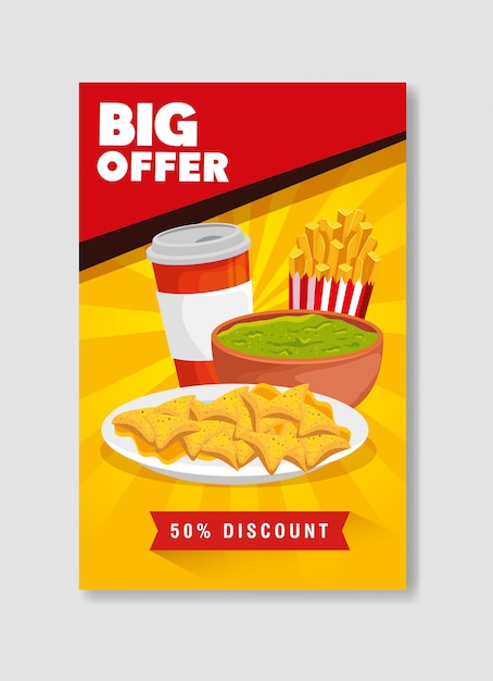 Free vector banner big offer of nachos and guacamole with fifty percent discount