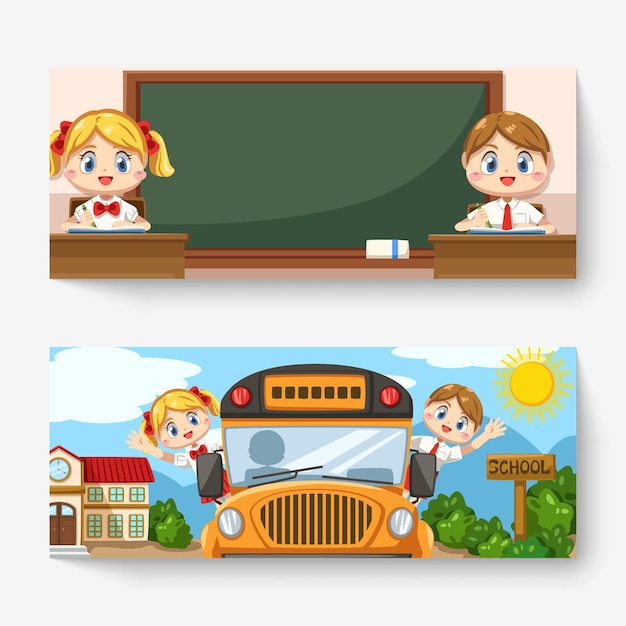 Banner of boy and girl wearing student uniform in classroom and sitting on the school bus